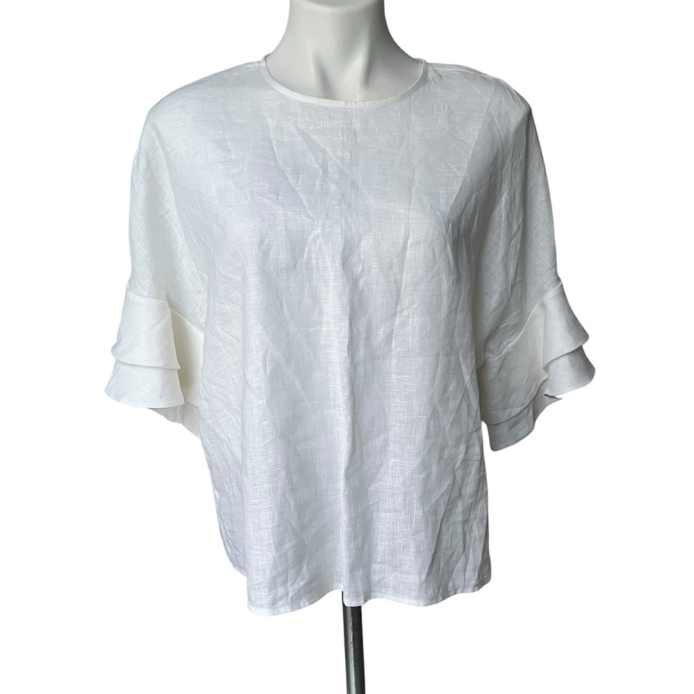 NWT, Perlavera Lolan White Linen Short Drop Ruffle Sleeve